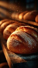 Freshly baked loaves of bread resting on a wooden shelf under warm morning light