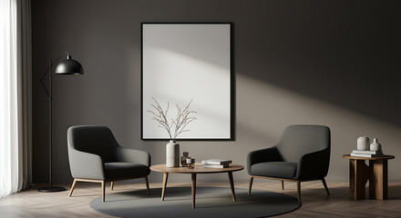 Modern living room interior design with blank poster for mockup and stylish furniture