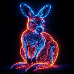 Neon Kangaroo Luminescence: A Vibrant Display of Wildlife Art in Electric Colors on a Deep Black Backdrop, Showcasing Modern Digital Art Techniques.