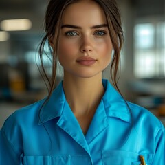 Portrait of a Confident Young Woman with Hazel Eyes in Blue Uniform, Industrial Setting Backdrop, Capturing Professionalism and Serene Demeanor