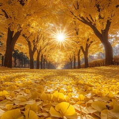 Pathway of Golden Leaves: Sunlight Streaming Through a Canopy of Autumnal Gingko Trees, Creating a Luminous, Breathtaking Scene