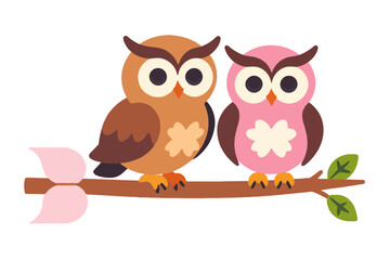 Obraz premium Cute Owl Illustration-Two Owls on a Branch-Sweet Owls Art for Nursery Decor-Adorable Owl Design for Kids-Owl Clipart for Crafts and Digital Projects