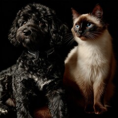 Portrait of a Loyal Dog and Elegant Cat Against a Dramatic Black Background, Contrasting Fur Textures and Colors in an Intimate Studio Setting