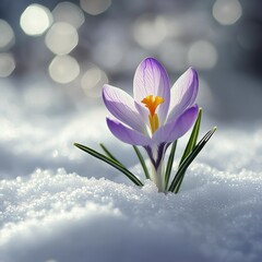 Purple Crocus Blossoming in Snow: A Delicate Spring Bloom Emerging Through Winter's Icy Embrace, Bathed in Soft, Bokeh-Filtered Light, Symbolizing Hope and Renewal