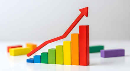 A colorful bar graph with an upward trending red arrow on a white background. isolated on white background, tarensparent background, png, jpg,jpeg,  on transparent background