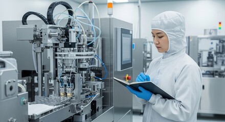 Female Technician in Cleanroom Inspecting Machinery with Notepad in Production Facility