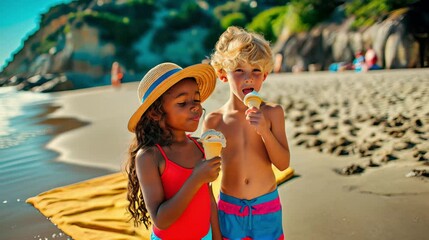 Caucasian boy and African American girl on a paradise beach on a summer day - Powered by Adobe