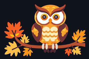 Fototapeta premium Cute Cartoon Owl Illustration on Branch- Autumn Leaves and Fall Colors- Whimsical Graphic Art for Kids and Seasonal Designs