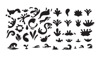 Naklejka premium Water Splash Vector Silhouettes Set. Liquid Splatter and Wave Elements Collection. Victor illustration eps 10
