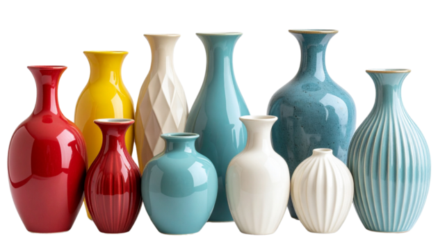  “Set of Colorful Ceramic Vases in Various Shapes, Isolated on Transparent Background”