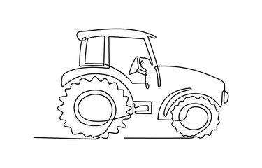 Tractor, one line continuous. Line art outline vector illustration of farm transport, Continuous line art or One Line drawing of tractor for vector illustration, business transportation.