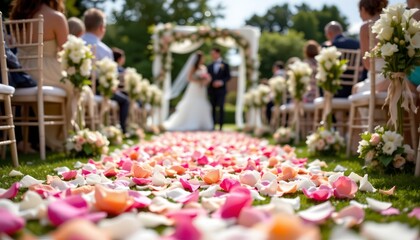 the photo captures a joyful wedding ceremony under an arch of flowers, creating a beautiful and intimate setting