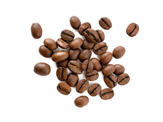 A bunch of fragrant roasted coffee beans are highlighted on a white background. View from above