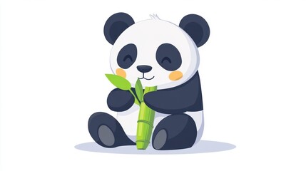 Fototapeta premium A cartoon panda is sitting and eating some bamboo on a white background illustration