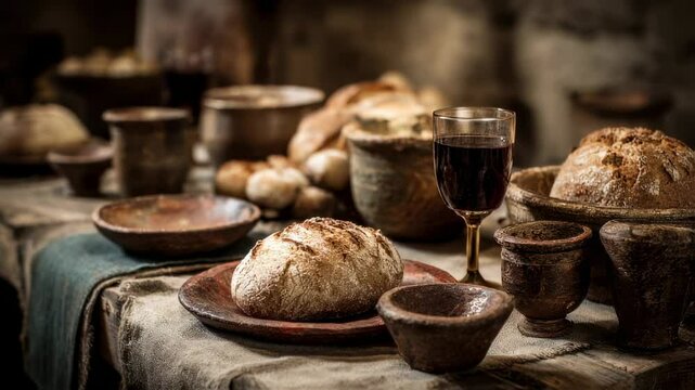 Rustic table prepared for a religious ceremony, featuring a loaf of bread, a chalice of wine, and other traditional elements, evoking the atmosphere of the last supper
