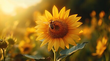 A busy bee gathering nectar from a vibrant sunflower, immersed in the sunlit garden, showcases nature  process of pollination, emphasizing life  interconnectedness and the importance of bees.