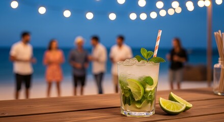 Mojito cocktail with mint and lime served on a wooden bar counter at an outdoor beach party under string lights at night