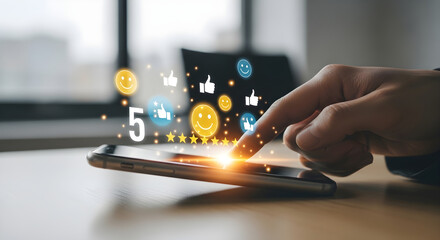 Hand interacting with smartphone showing star ratings and feedback icons overlayed isolated on white background, tarensparent background, png, jpg,jpeg,  on transparent background