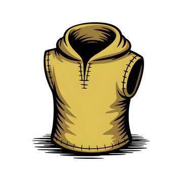 Hooded jerkin doodle with seam lines outline and flat yellow fill, transparent background.