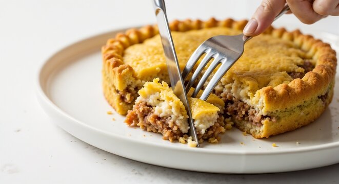 Person cutting a slice from a freshly baked boboti pie on a white plate