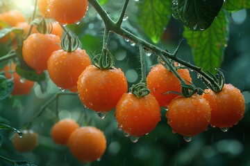 Ripe orange cherry tomatoes on the vine getting wet under summer rain in a greenhouse or garden