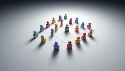 Colorful wooden figurines connected by lines forming network on light surface, symbolizing teamwork, collaboration, or social connection, with focus on diversity and communication