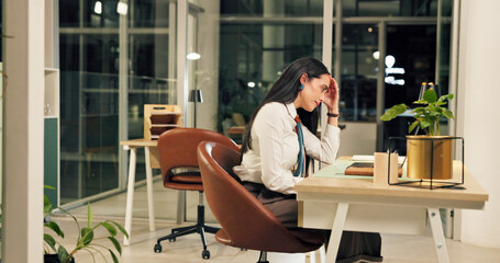 Night, tired and business woman with headache, exhausted and overworked accountant in office....
