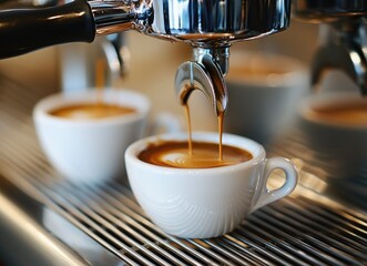 Freshly brewed espresso dripping into a cup next to another filled cup.