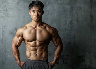 Muscular man posing confidently against a textured wall background.