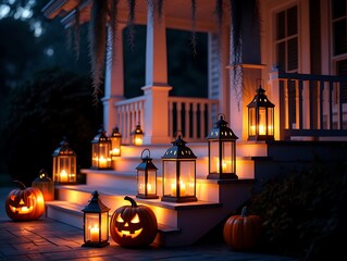 Halloween porch scene decorated with jack o lanterns and lanterns