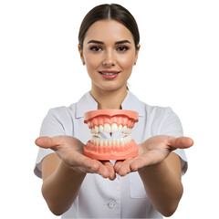 Confident Dentist Presenting Dental Model on transparent background