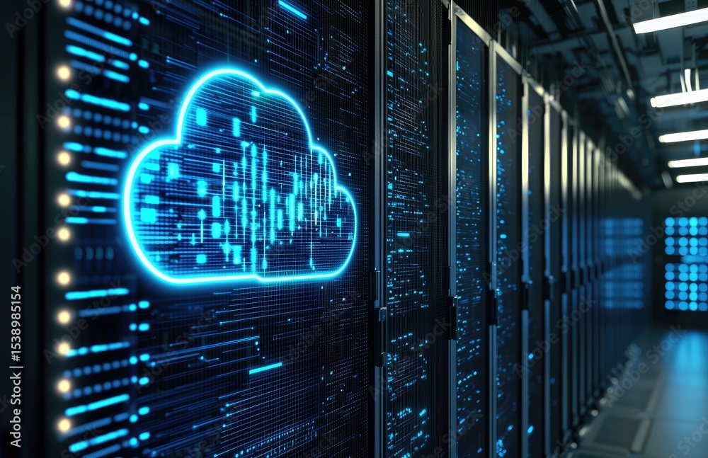 Aufkleber 3D rendering of a data center with glowing blue cloud symbol on server racks representing cloud computing, digital storage, and modern data technology infrastructure, ideal for IT or tech visuals
