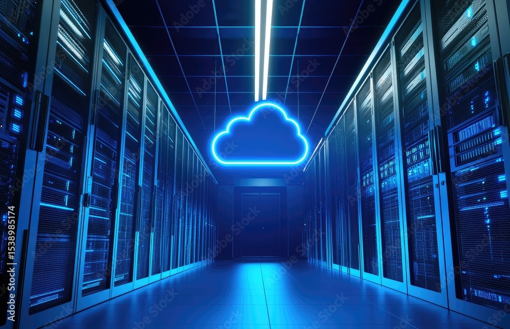 Fototapete Futuristic data center corridor with glowing blue cloud icon above server racks symbolizing modern cloud computing, data storage, and secure digital infrastructure for high tech IT environments