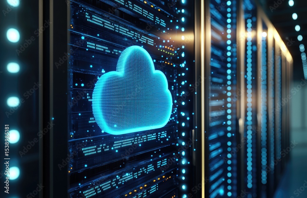 Fototapete Close-up of a glowing blue cloud icon on high-tech server racks in a data center, representing cloud computing, digital networking, and secure modern IT infrastructure for technology concepts