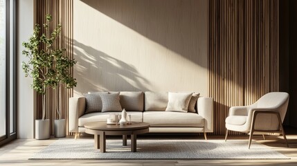 Minimalist living room with natural light, modern beige furniture, indoor plants, wooden wall panels, and soft textures, ideal for interior design, home décor, or real estate staging visuals