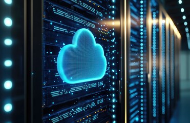 Close-up of a glowing blue cloud icon on high-tech server racks in a data center, representing cloud computing, digital networking, and secure modern IT infrastructure for technology concepts