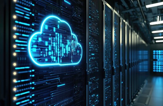 3D rendering of a data center with glowing blue cloud symbol on server racks representing cloud computing, digital storage, and modern data technology infrastructure, ideal for IT or tech visuals