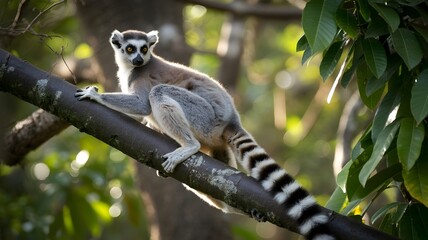 A Ring-tailed lemur is perched elegantly on a branch in a lush forest