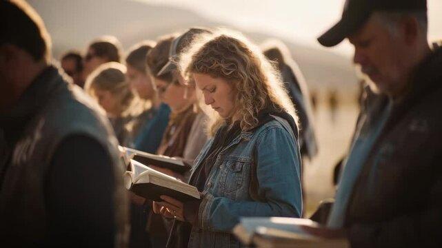 Golden hour sunlight illuminates a young woman engrossed in her bible, standing amongst a diverse congregation during an outdoor religious service, fostering a sense of community and shared faith
