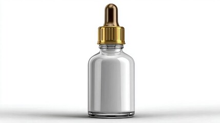 Glass dropper bottle with a gold cap, isolated on a white background, ideal for product display
