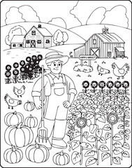 A farmer working in corn field and feeding hens beside a farm house vector outline coloring page for kids