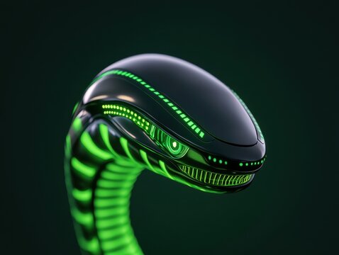 Futuristic serpent head, glowing green