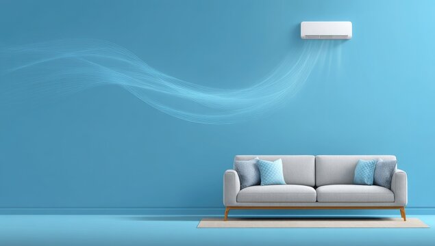 Wall-mounted air conditioner blowing cool air onto a light grey sofa in a minimalist light blue room - Powered by Adobe