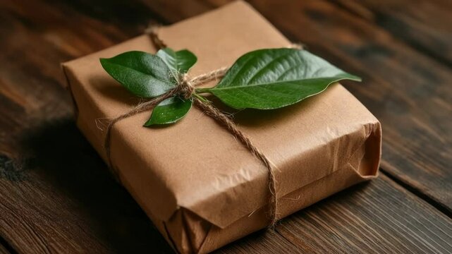 Eco-friendly rectangular gift box with green leaves,natural twine on wooden surface in sunlight,emphasizing sustainability,biodegradable packaging,minimalist zero-waste lifestyle concept.Eco packaging