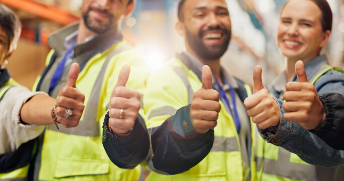 Warehouse, happy and team of people with thumbs up for logistics, supply chain and approval. Manufacturing, distribution and workers with yes emoji for agreement, inspection and collaboration