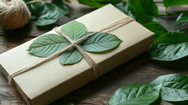 Eco-friendly rectangular gift box with green leaves,natural twine on wooden surface in sunlight,emphasizing sustainability,biodegradable packaging,minimalist zero-waste lifestyle concept.Eco packaging