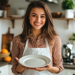 Smiling woman in an apron holding a clean plate in a bright kitchen setting.