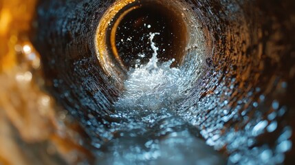 Water swirling inside a pipe, creating dynamic motion and energy effects.