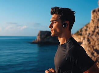 A man jogging by the sea, wearing earbuds, with cliffs in the background and a clear blue sky.