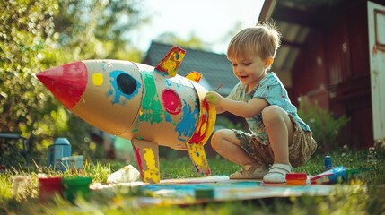 A child joyfully paints a colorful cardboard rocket in a sunny outdoor setting.